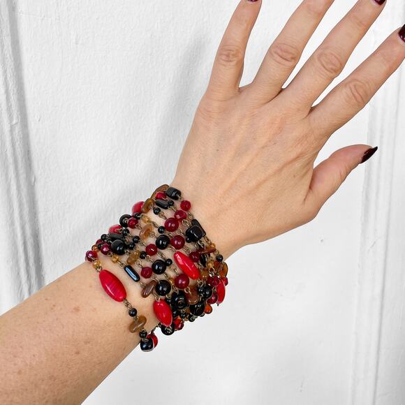 VTG Giant Murano Glass Bead Multi-Stand Chain Bracelet Wide Red Boho 70s Cuff - Picture 3 of 7
